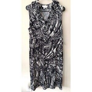 London Times Sleeveless Dress Women's 14 Stretch Black White Abstract Ruffle NWT